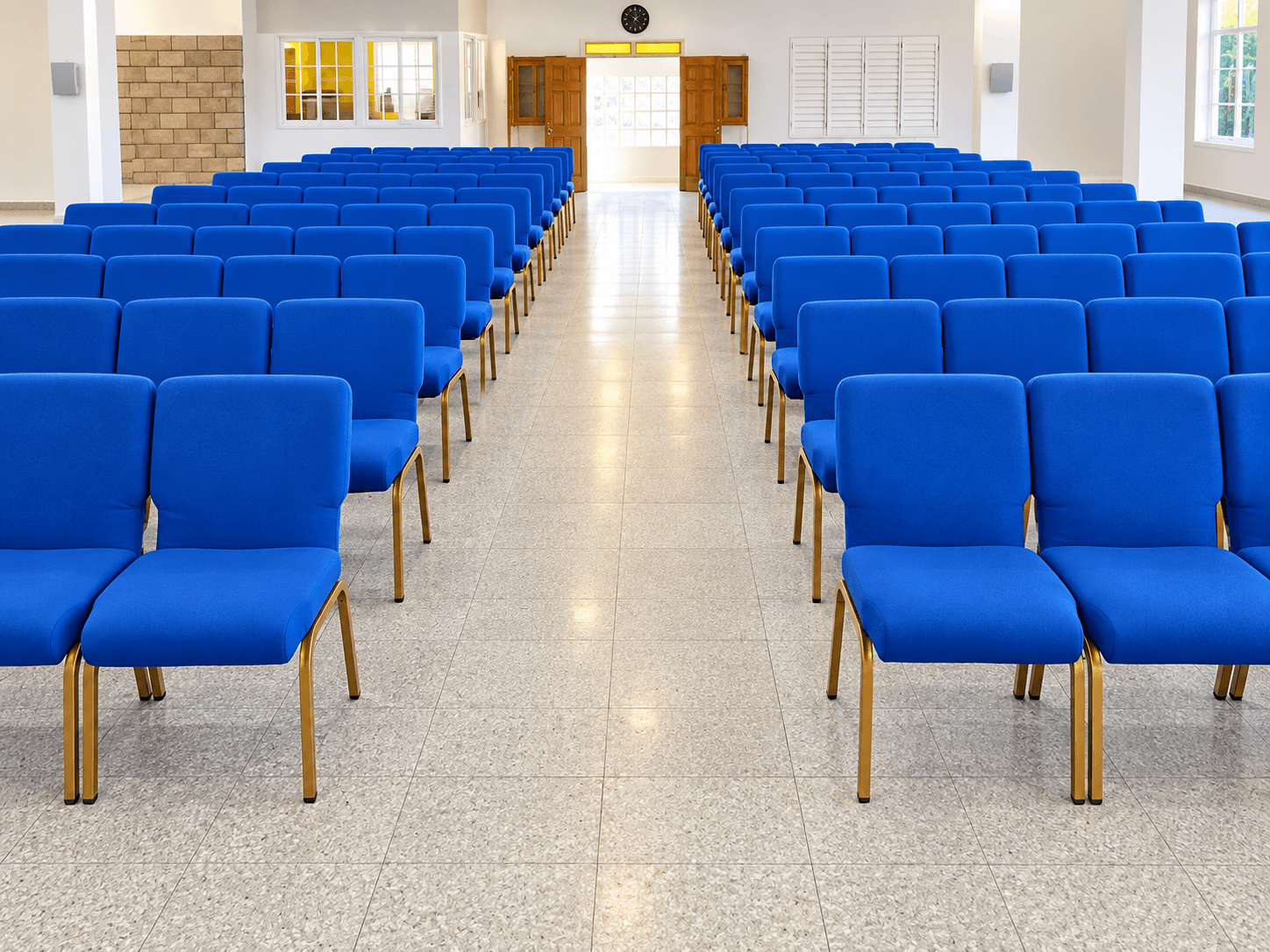 Rows of blue chairs ready to welcome guests at the Bull Bay church